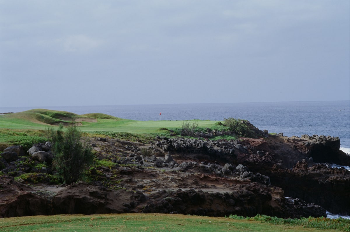 A red flag and green beyond rugged coastal rocks, with the ocean behind.
