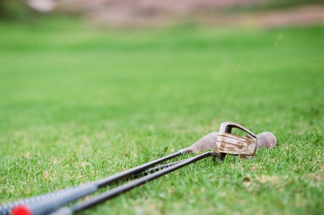 Raw clubs with rust on their heads lie in the grass.