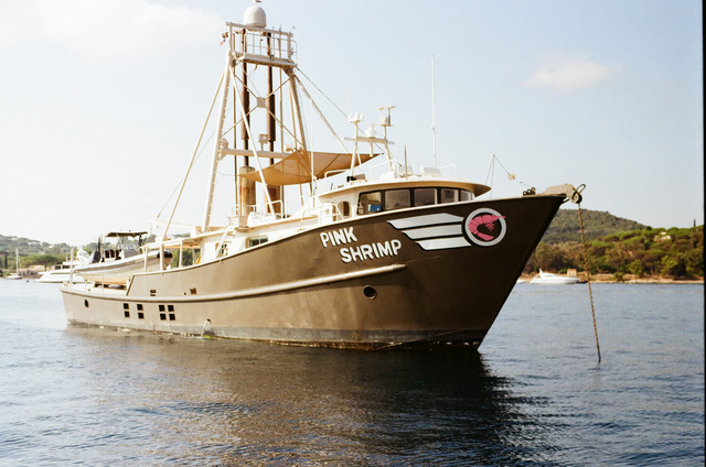 The boat Pink Shrimp at anchor on the water